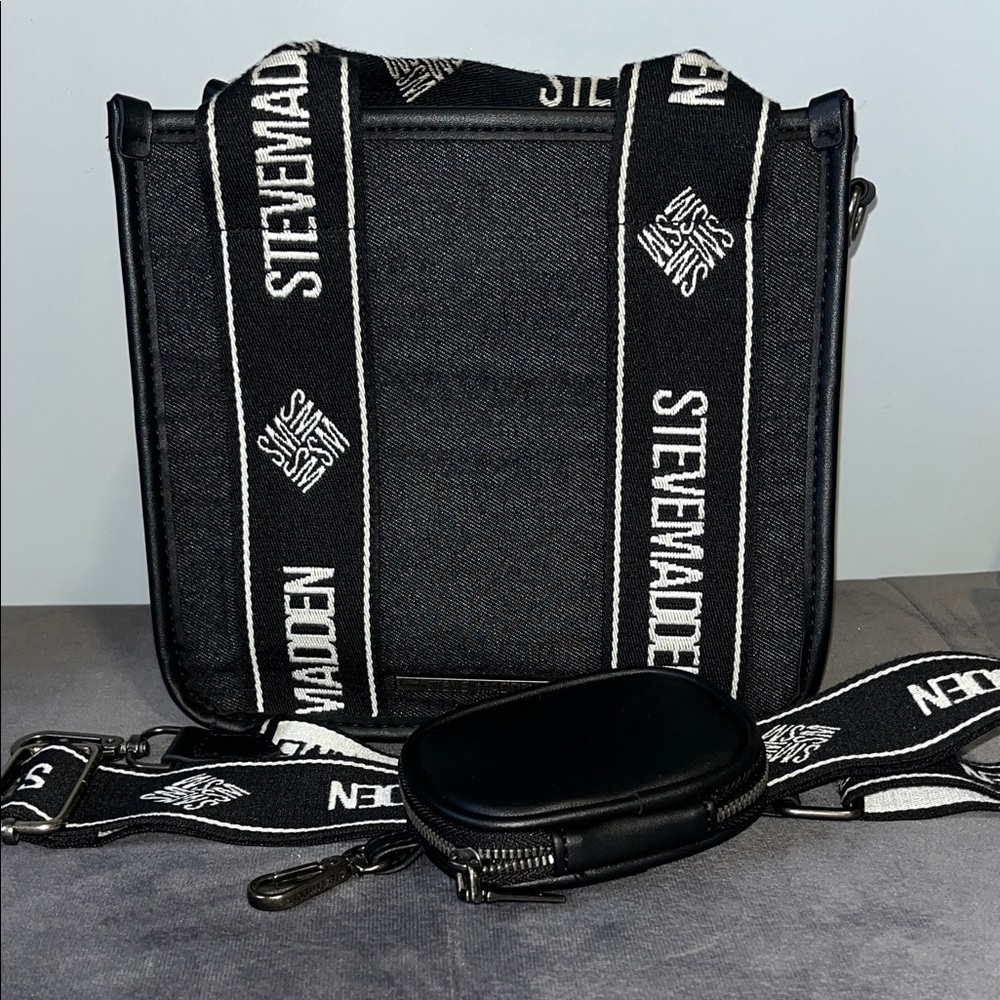 Steve Madden Black and White Messenger Bag black denim and matte faux leather